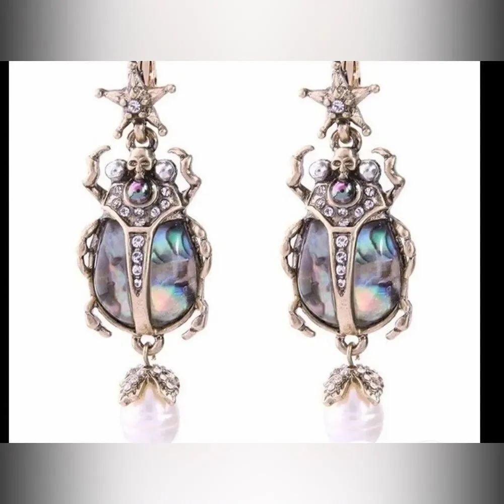 Cultured pearls Retro alloy star skull beetle drop earrings